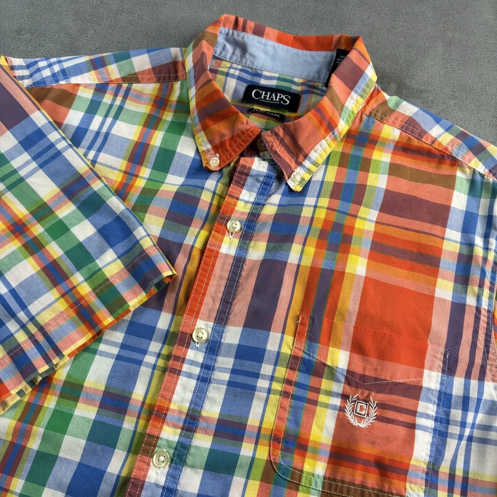 Chaps Shirt Men's Sz XL Orange Blue Plaid Button Up Short Sleeve Country Preppy